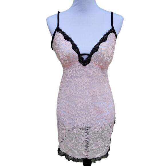 Pink Lace Chemise Slip Nightie with Black Lace Trim Bow Vent Keyhole Neckline - Picture 1 of 9